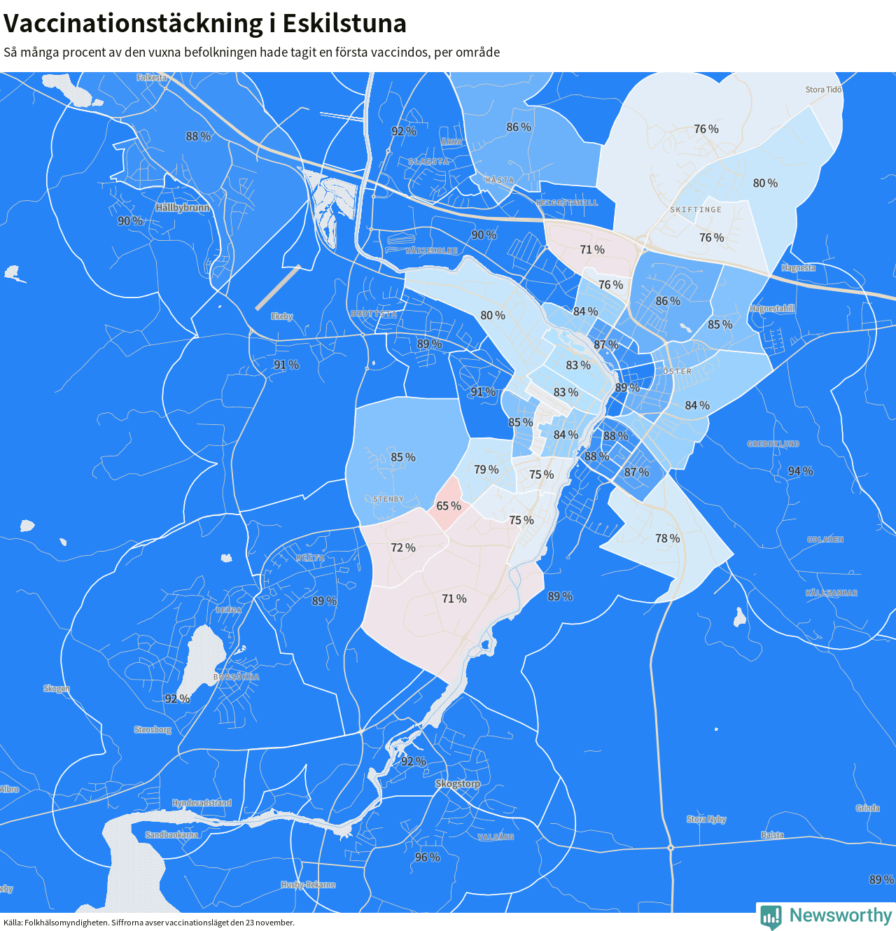Karta över vaccinationstäckning i Eskilstuna
