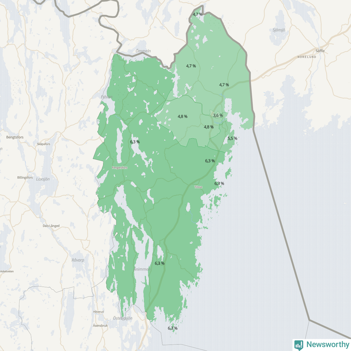 Koroplet-karta över partiets stöd i kommunens valdistrikt. Se tabell.
