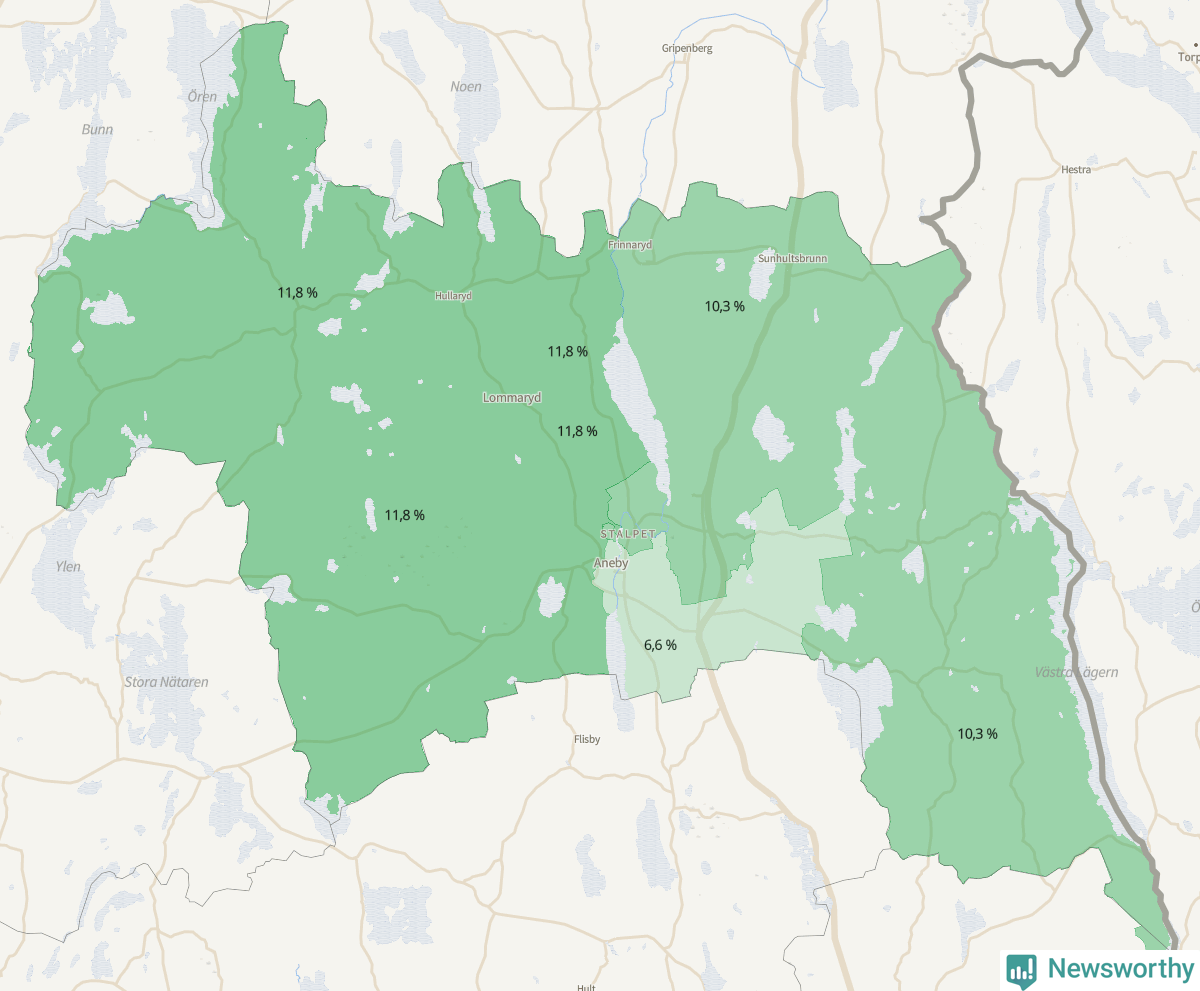 Koroplet-karta över partiets stöd i kommunens valdistrikt. Se tabell.
