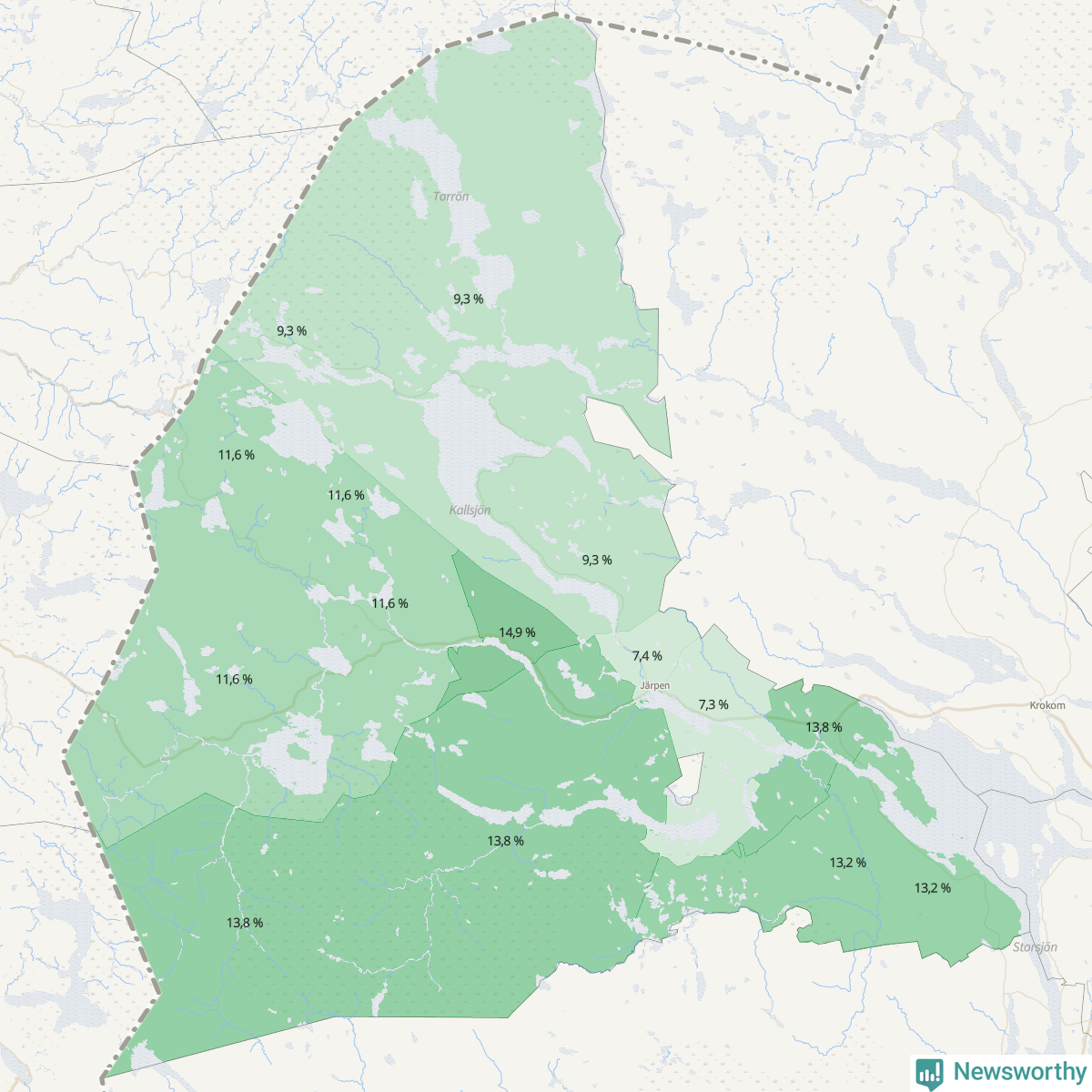 Koroplet-karta över partiets stöd i kommunens valdistrikt. Se tabell.