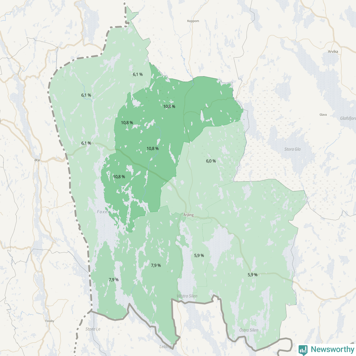 Koroplet-karta över partiets stöd i kommunens valdistrikt. Se tabell.