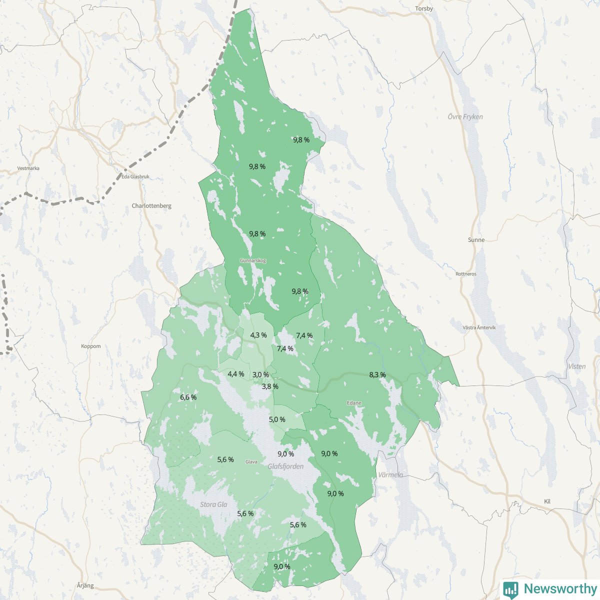 Koroplet-karta över partiets stöd i kommunens valdistrikt. Se tabell.