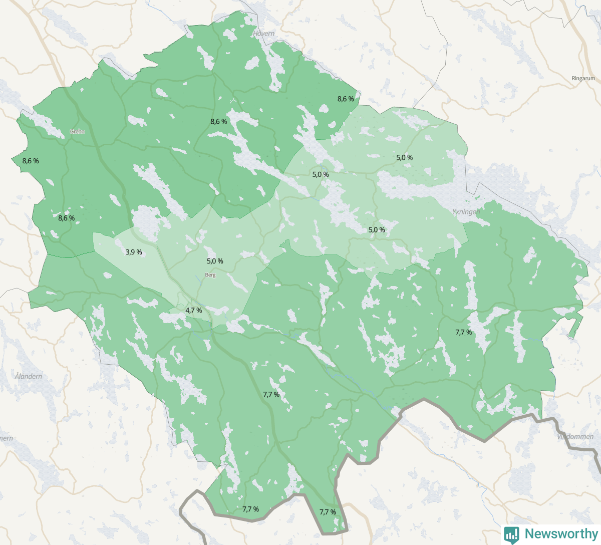 Koroplet-karta över partiets stöd i kommunens valdistrikt. Se tabell.