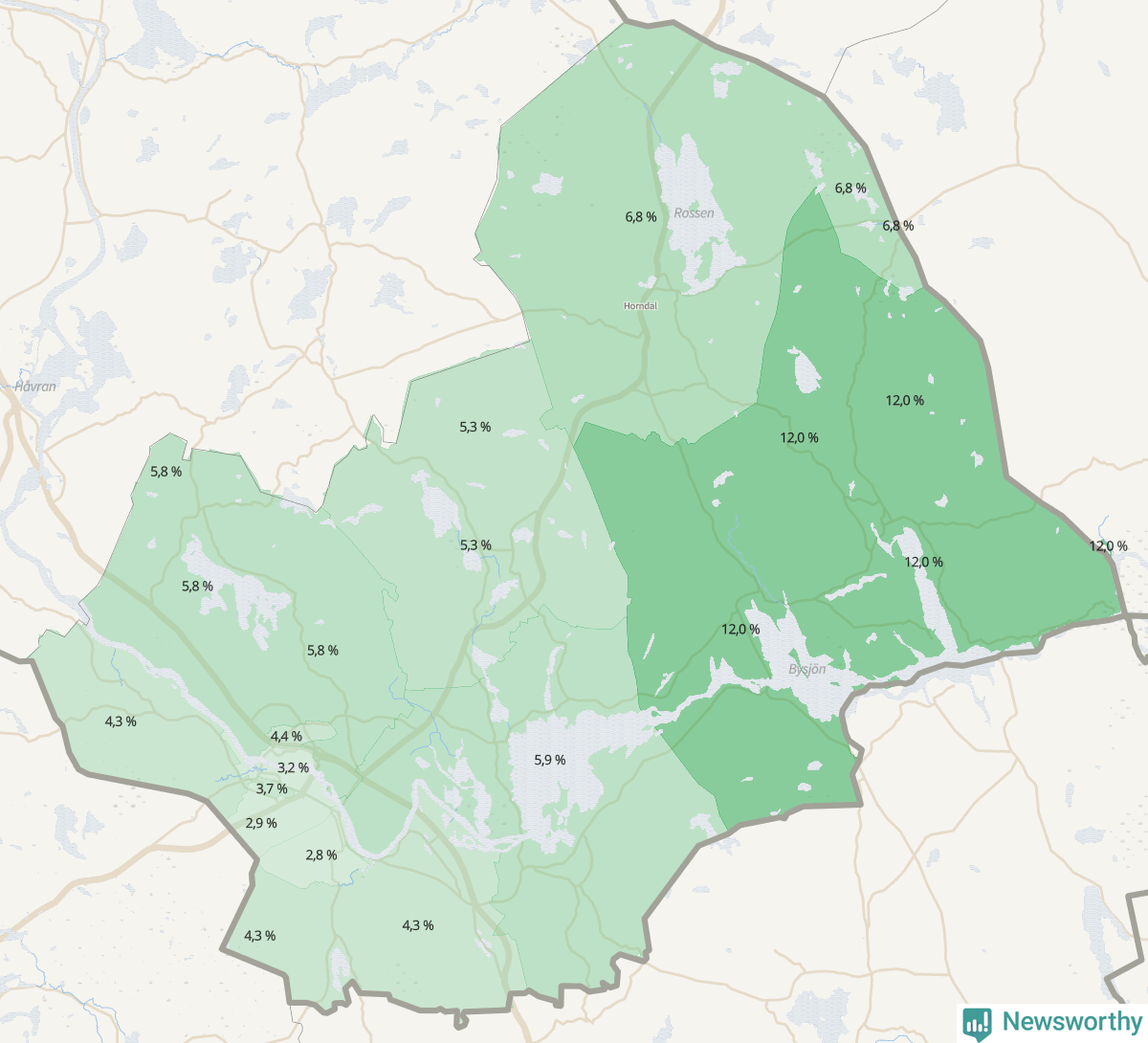 Koroplet-karta över partiets stöd i kommunens valdistrikt. Se tabell.