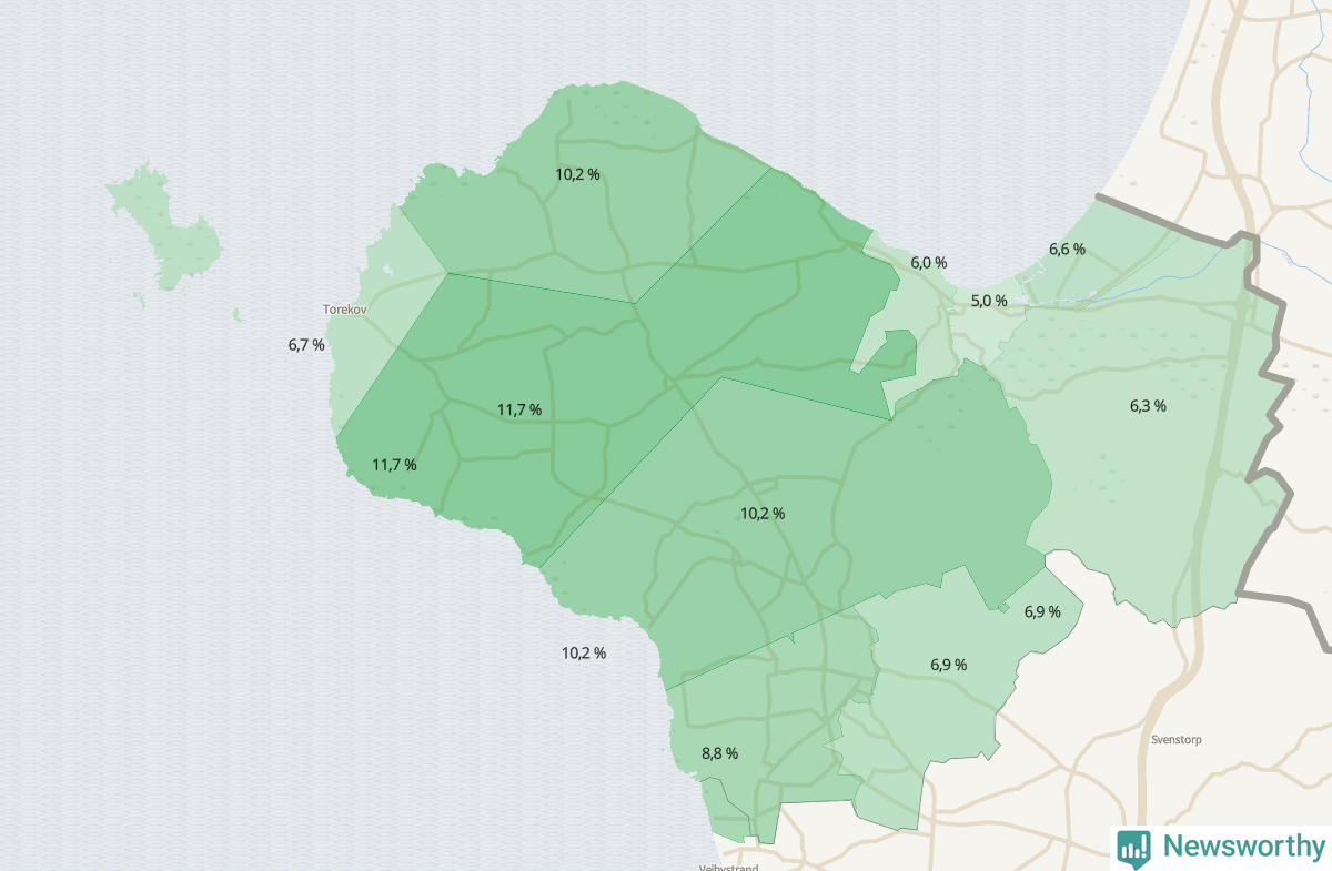 Koroplet-karta över partiets stöd i kommunens valdistrikt. Se tabell.