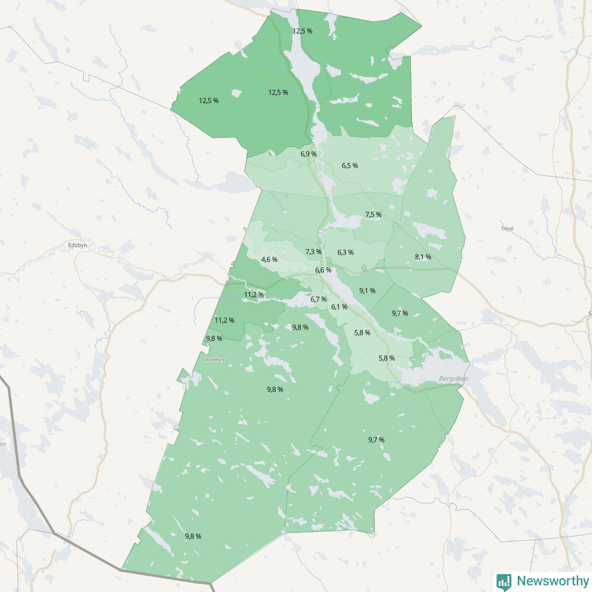 Koroplet-karta över partiets stöd i kommunens valdistrikt. Se tabell.