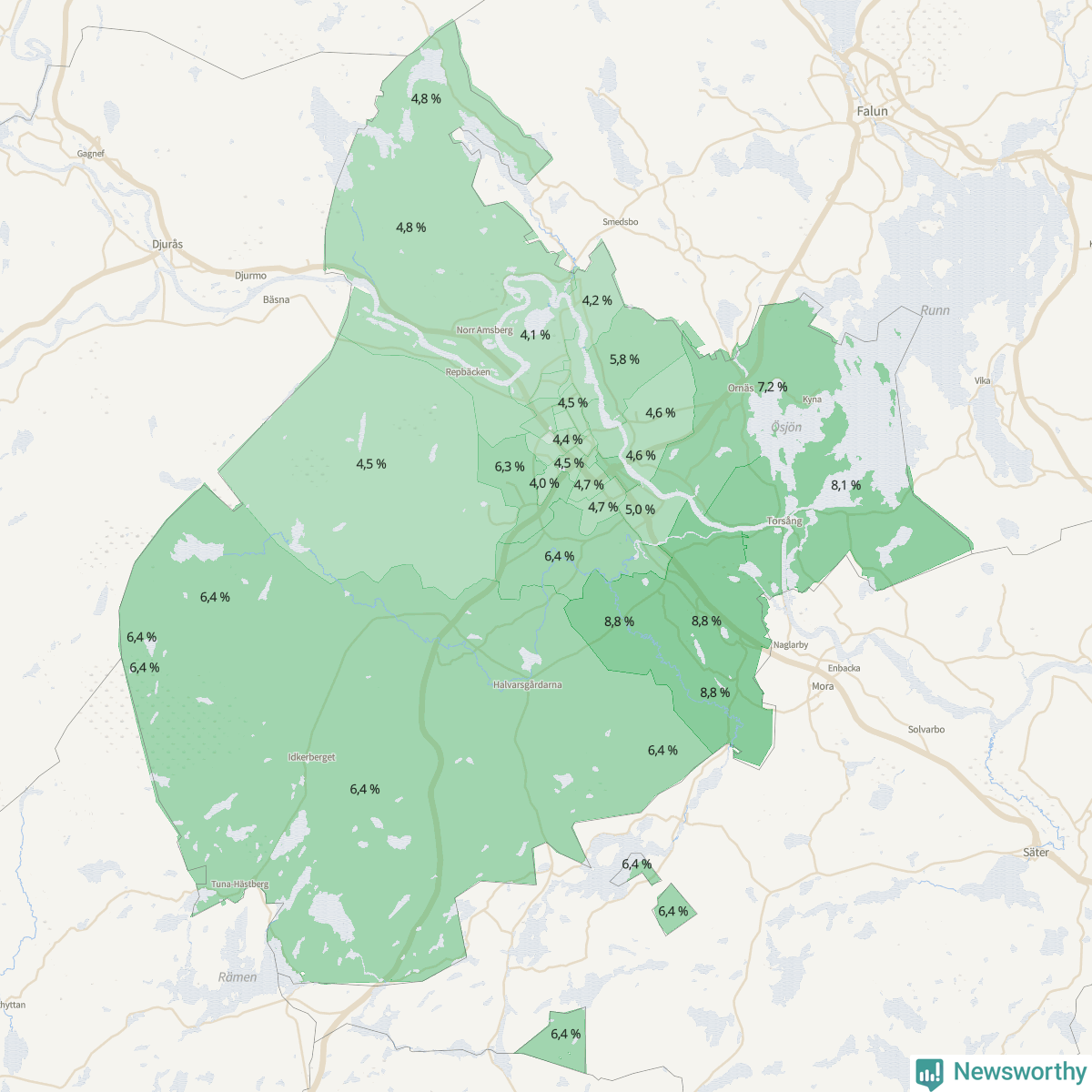 Koroplet-karta över partiets stöd i kommunens valdistrikt. Se tabell.