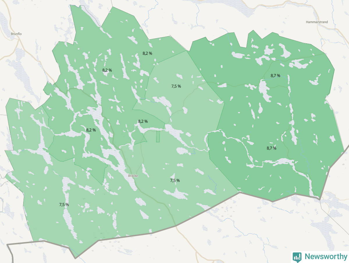 Koroplet-karta över partiets stöd i kommunens valdistrikt. Se tabell.