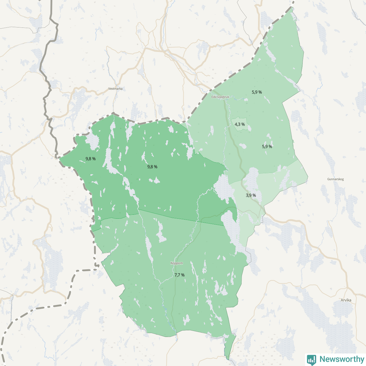 Koroplet-karta över partiets stöd i kommunens valdistrikt. Se tabell.