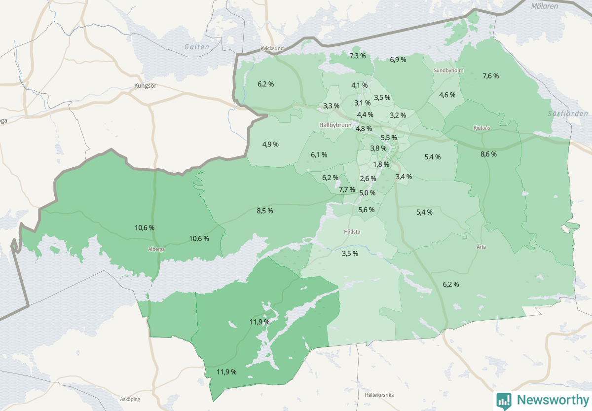Koroplet-karta över partiets stöd i kommunens valdistrikt. Se tabell.