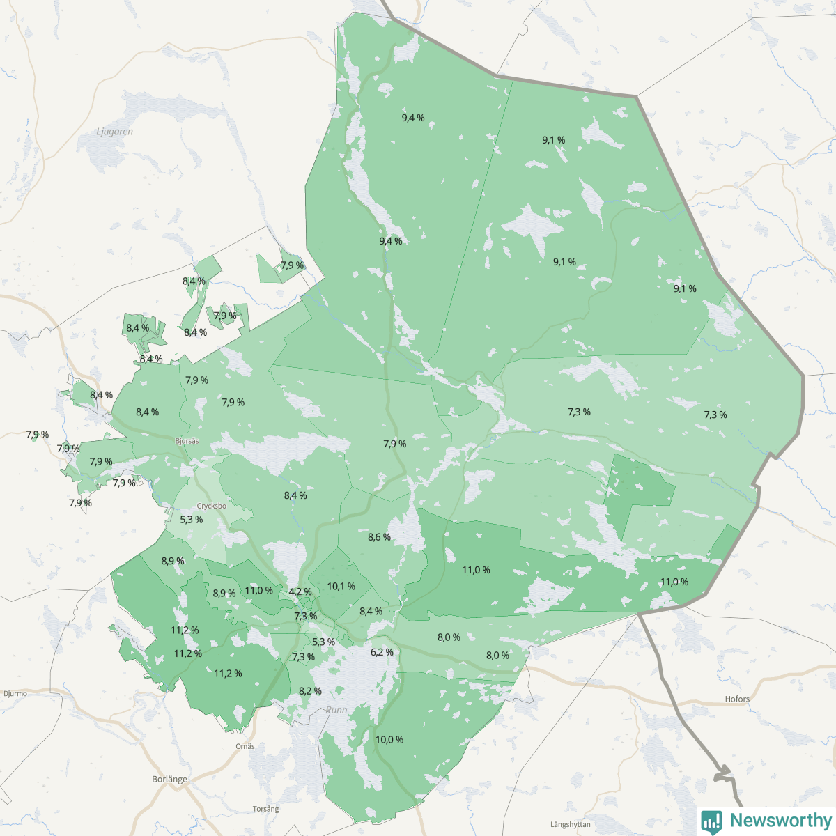 Koroplet-karta över partiets stöd i kommunens valdistrikt. Se tabell.