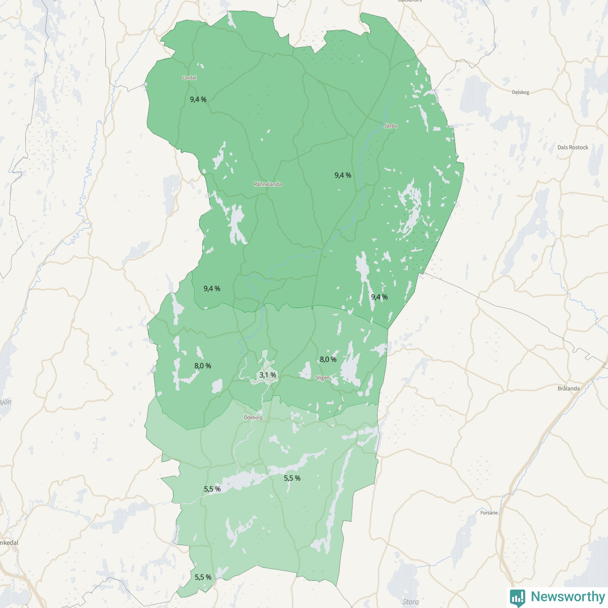 Koroplet-karta över partiets stöd i kommunens valdistrikt. Se tabell.