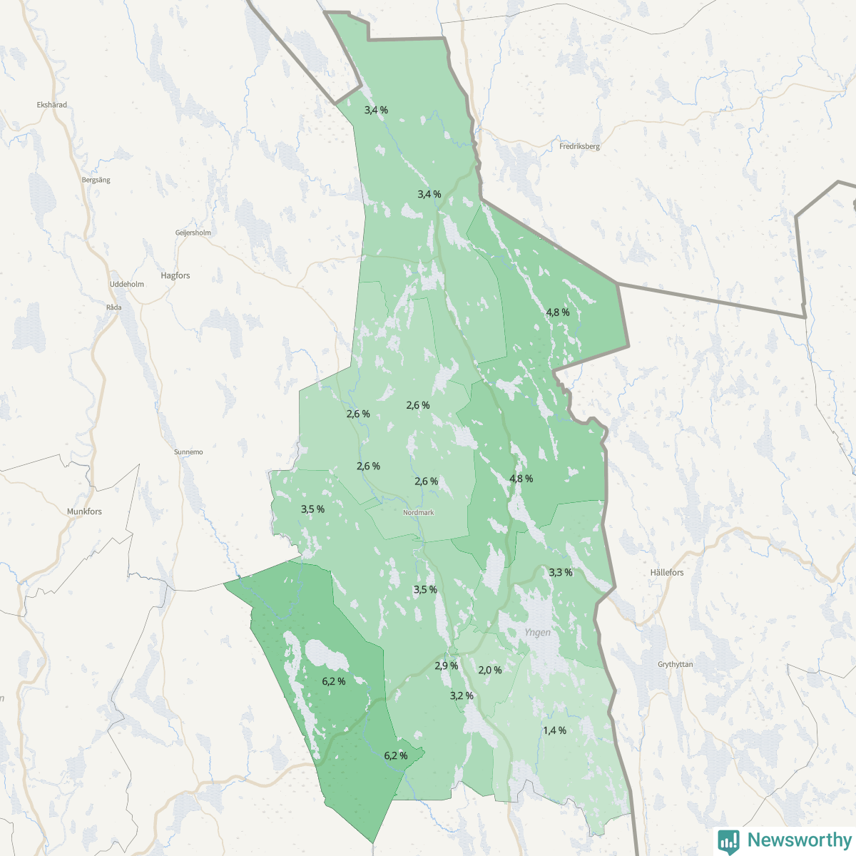 Koroplet-karta över partiets stöd i kommunens valdistrikt. Se tabell.