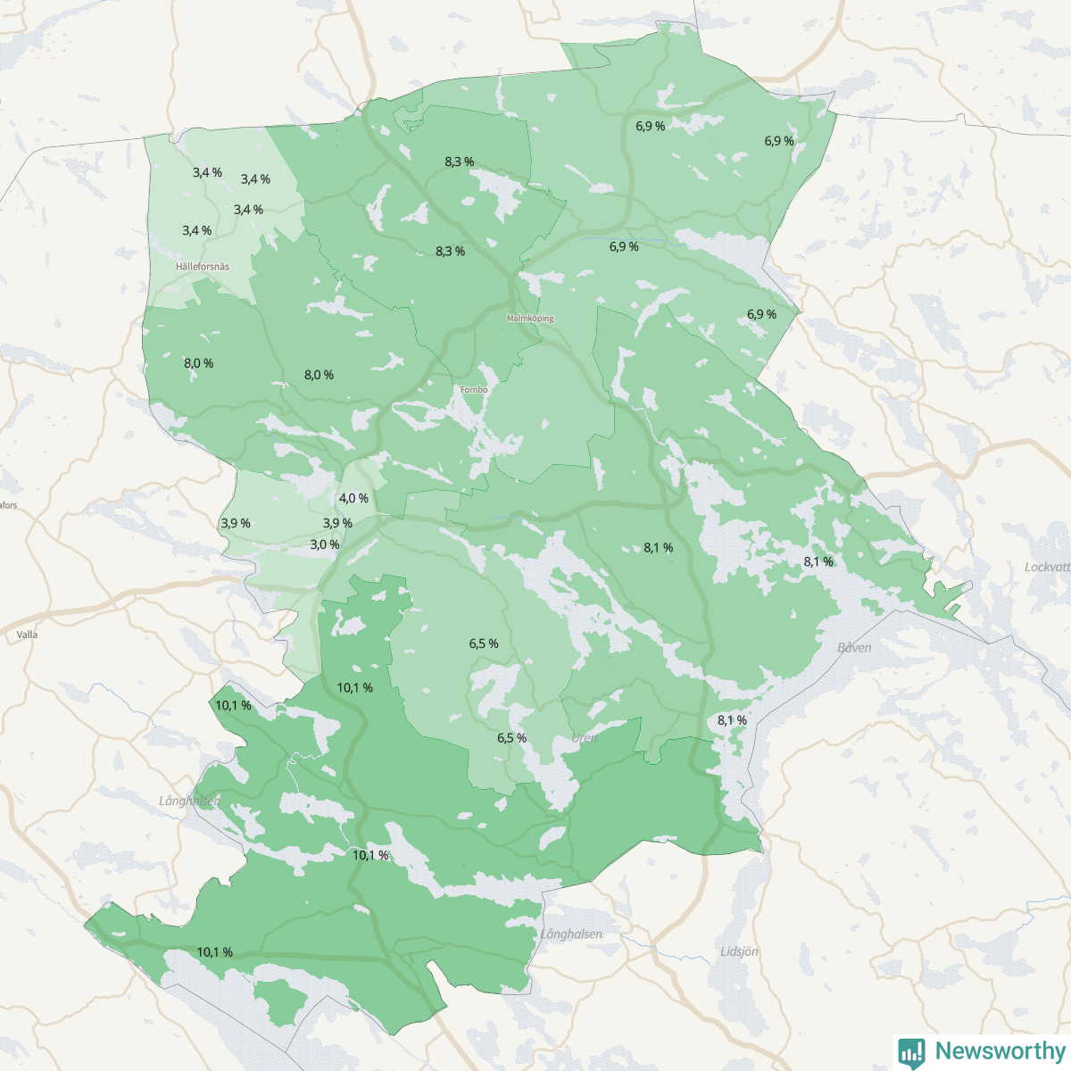 Koroplet-karta över partiets stöd i kommunens valdistrikt. Se tabell.