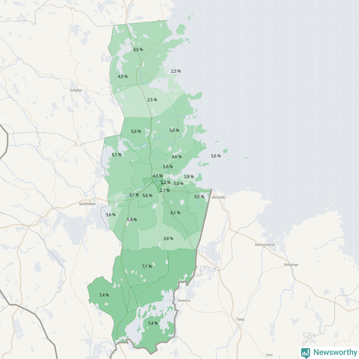 Koroplet-karta över partiets stöd i kommunens valdistrikt. Se tabell.