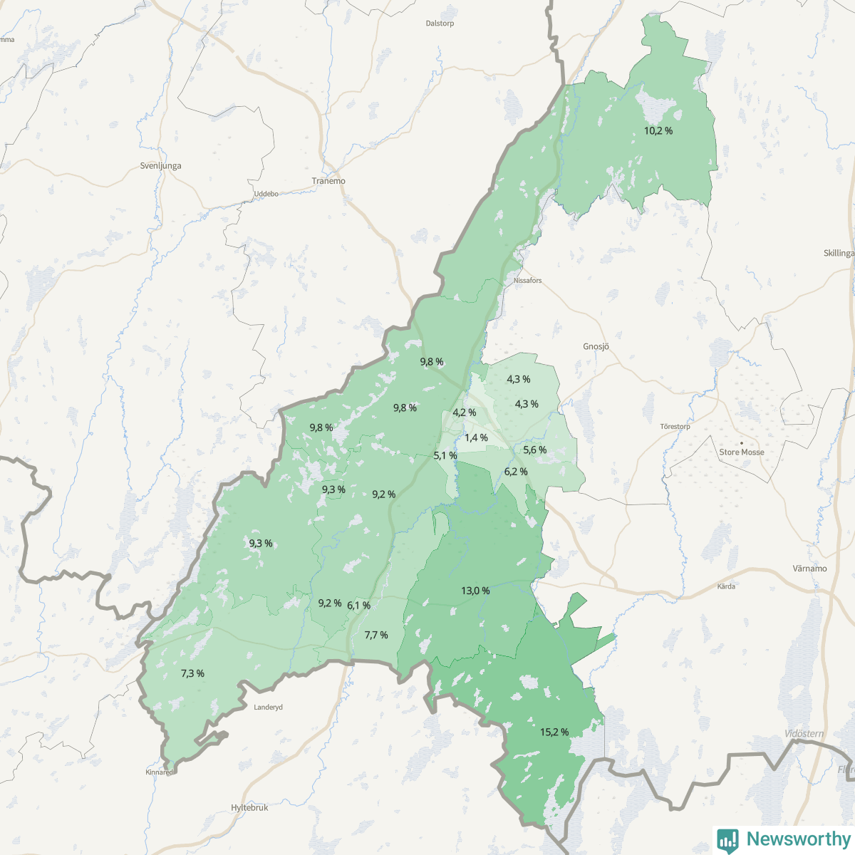 Koroplet-karta över partiets stöd i kommunens valdistrikt. Se tabell.