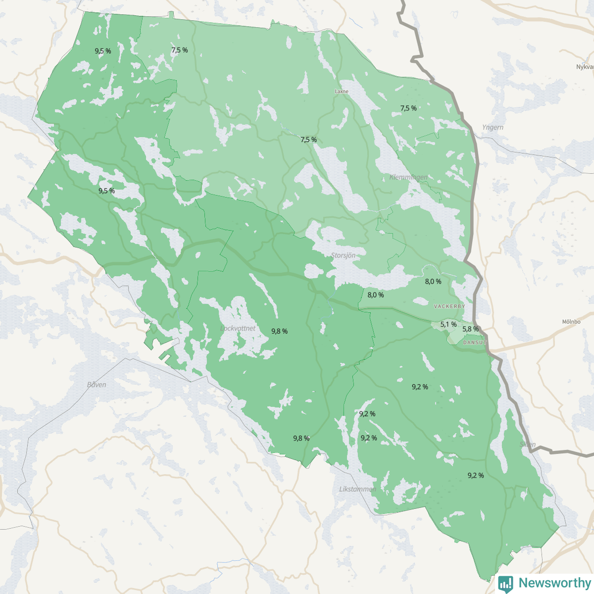 Koroplet-karta över partiets stöd i kommunens valdistrikt. Se tabell.