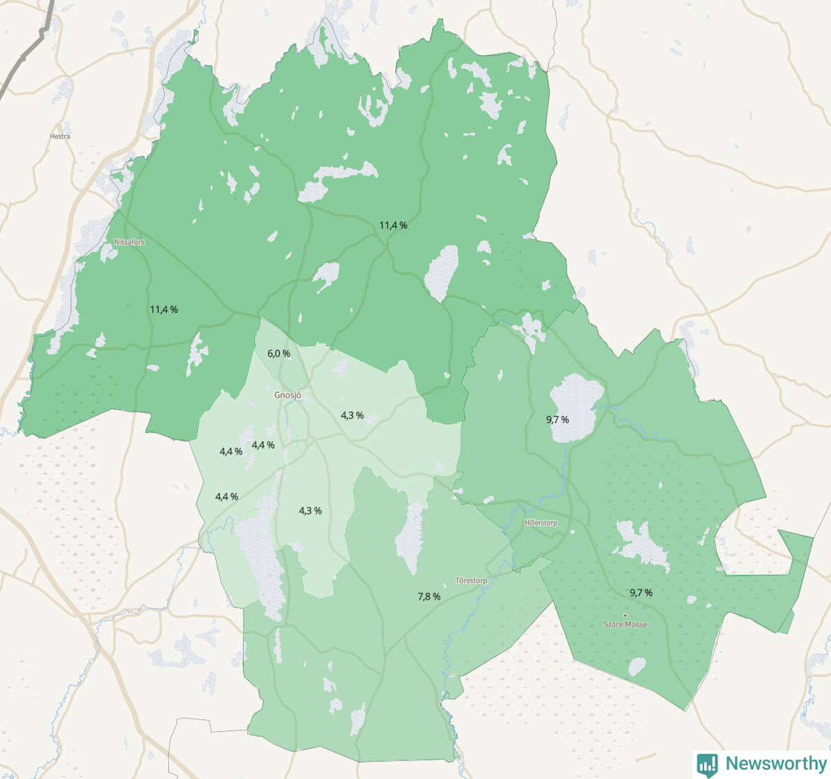 Koroplet-karta över partiets stöd i kommunens valdistrikt. Se tabell.