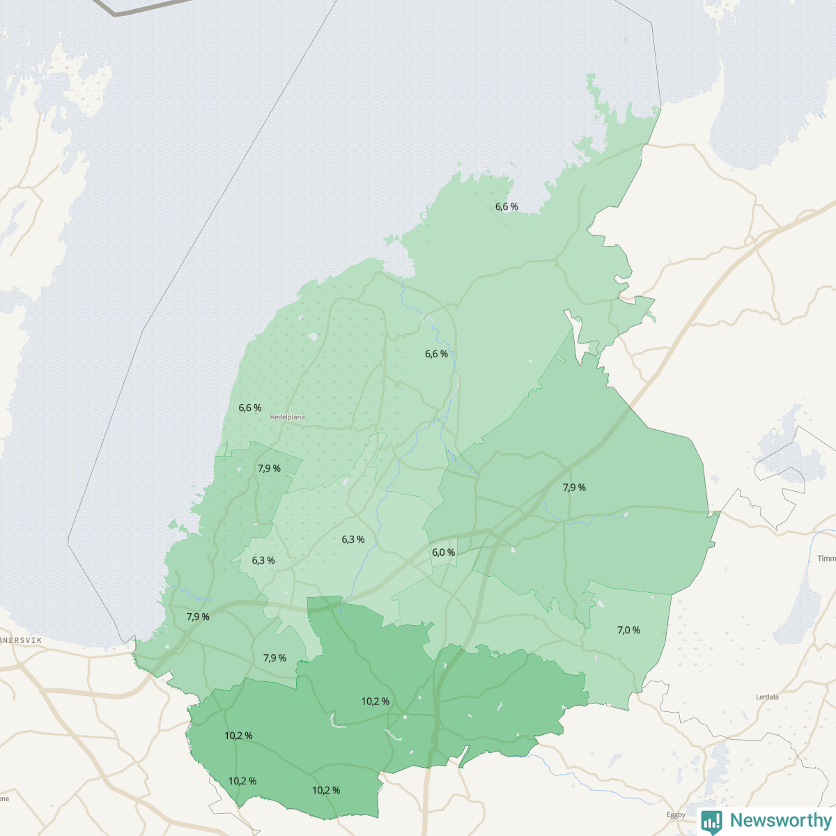 Koroplet-karta över partiets stöd i kommunens valdistrikt. Se tabell.