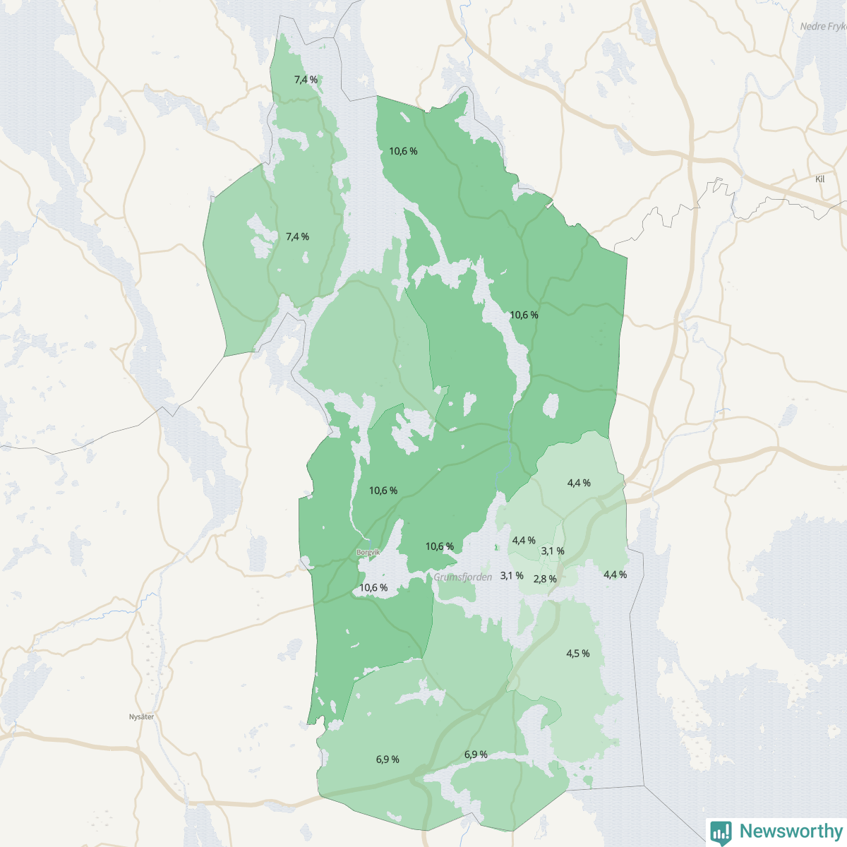 Koroplet-karta över partiets stöd i kommunens valdistrikt. Se tabell.