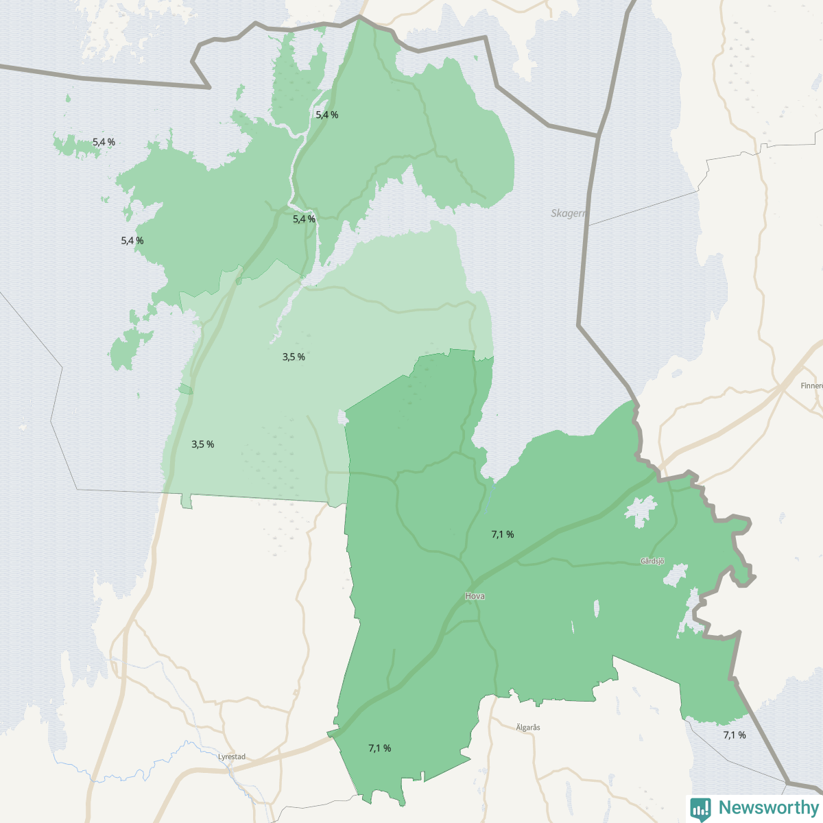Koroplet-karta över partiets stöd i kommunens valdistrikt. Se tabell.