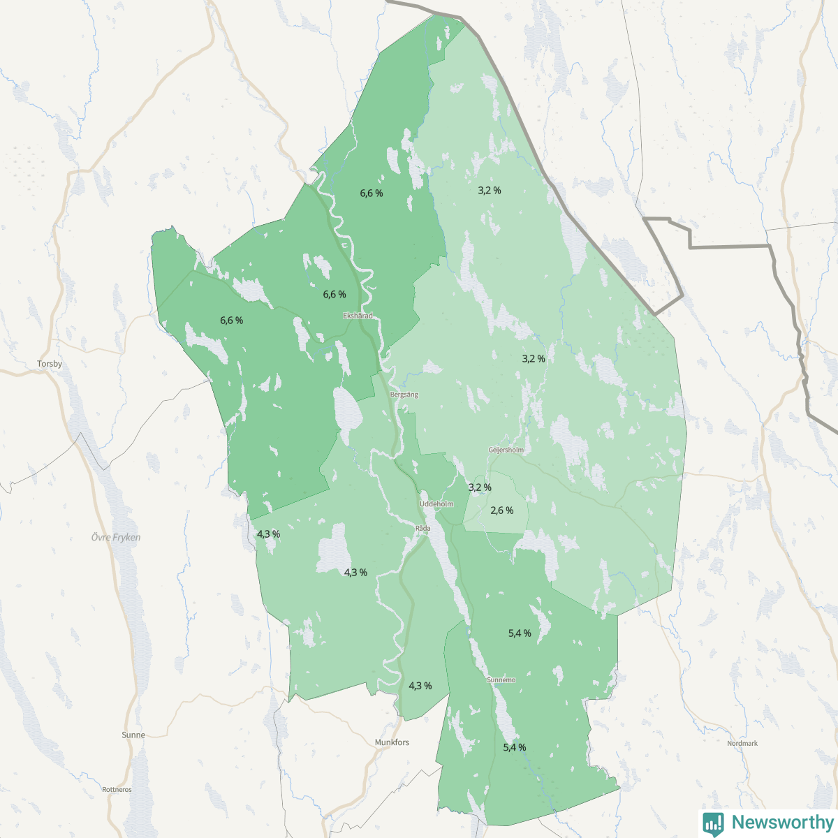 Koroplet-karta över partiets stöd i kommunens valdistrikt. Se tabell.