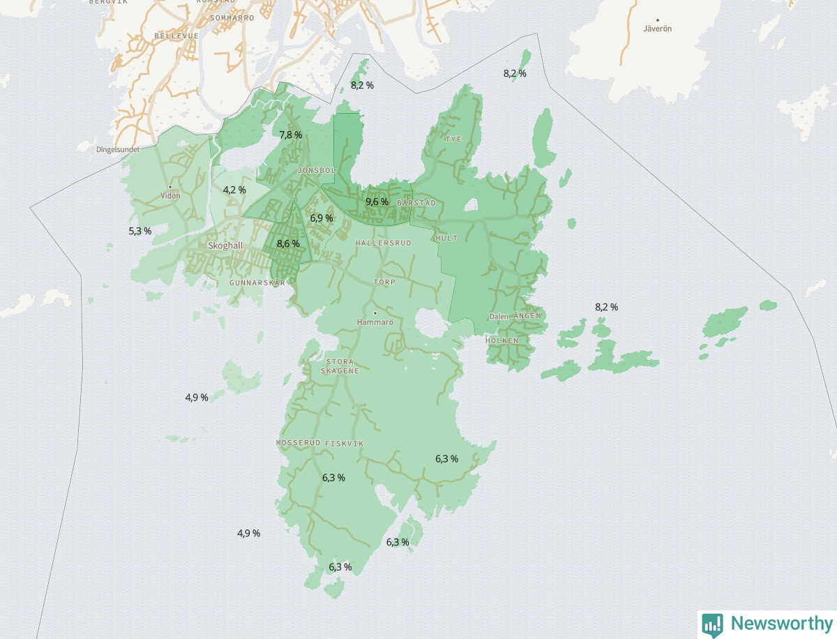 Koroplet-karta över partiets stöd i kommunens valdistrikt. Se tabell.