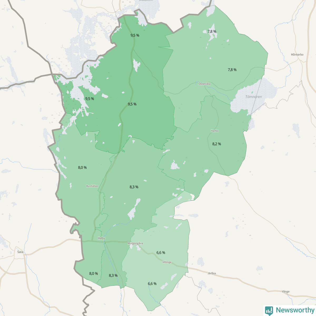 Koroplet-karta över partiets stöd i kommunens valdistrikt. Se tabell.
