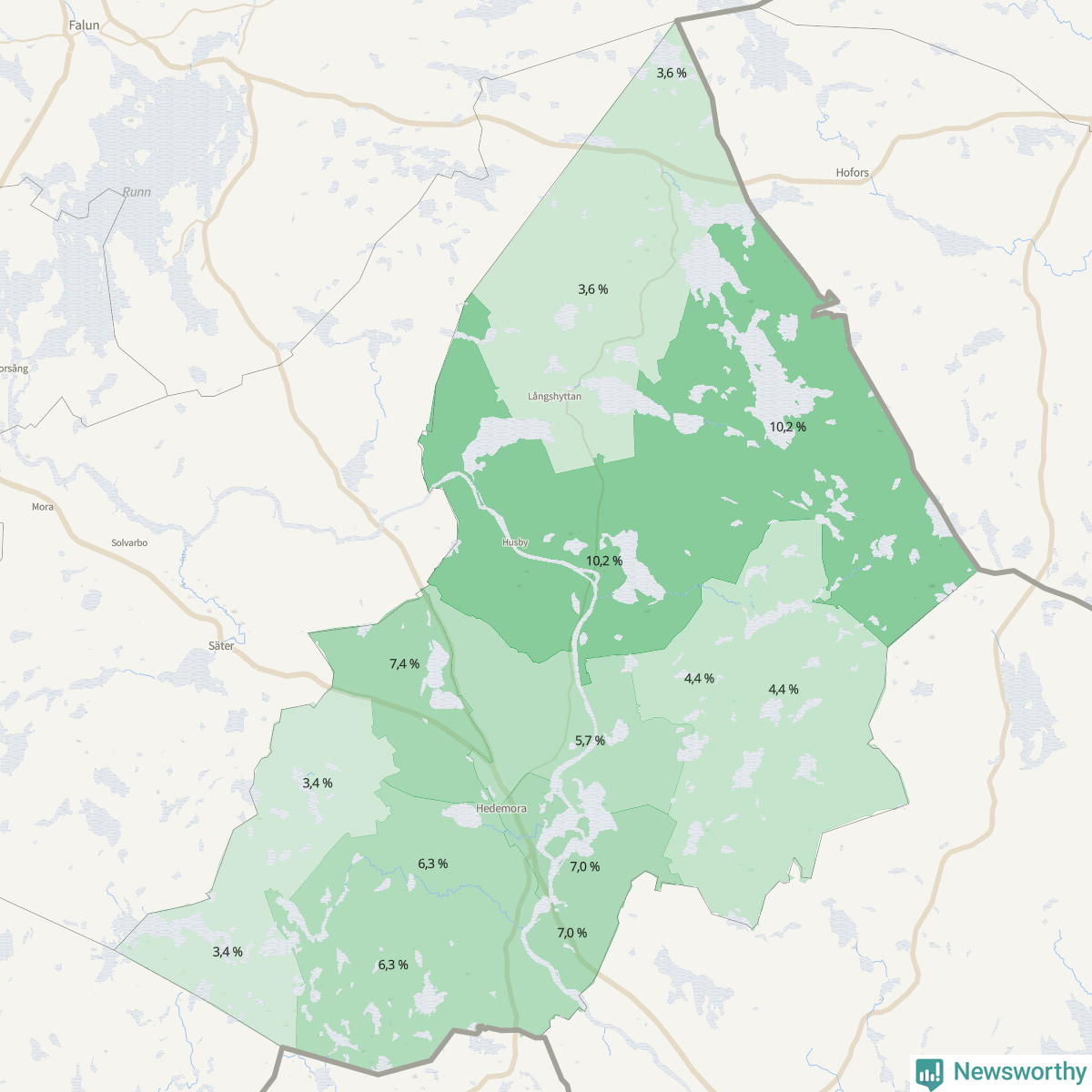 Koroplet-karta över partiets stöd i kommunens valdistrikt. Se tabell.