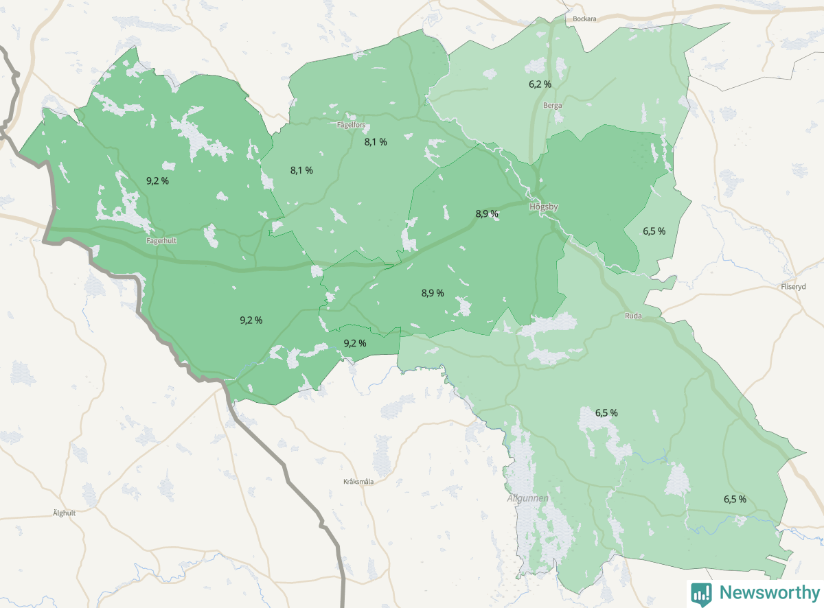 Koroplet-karta över partiets stöd i kommunens valdistrikt. Se tabell.