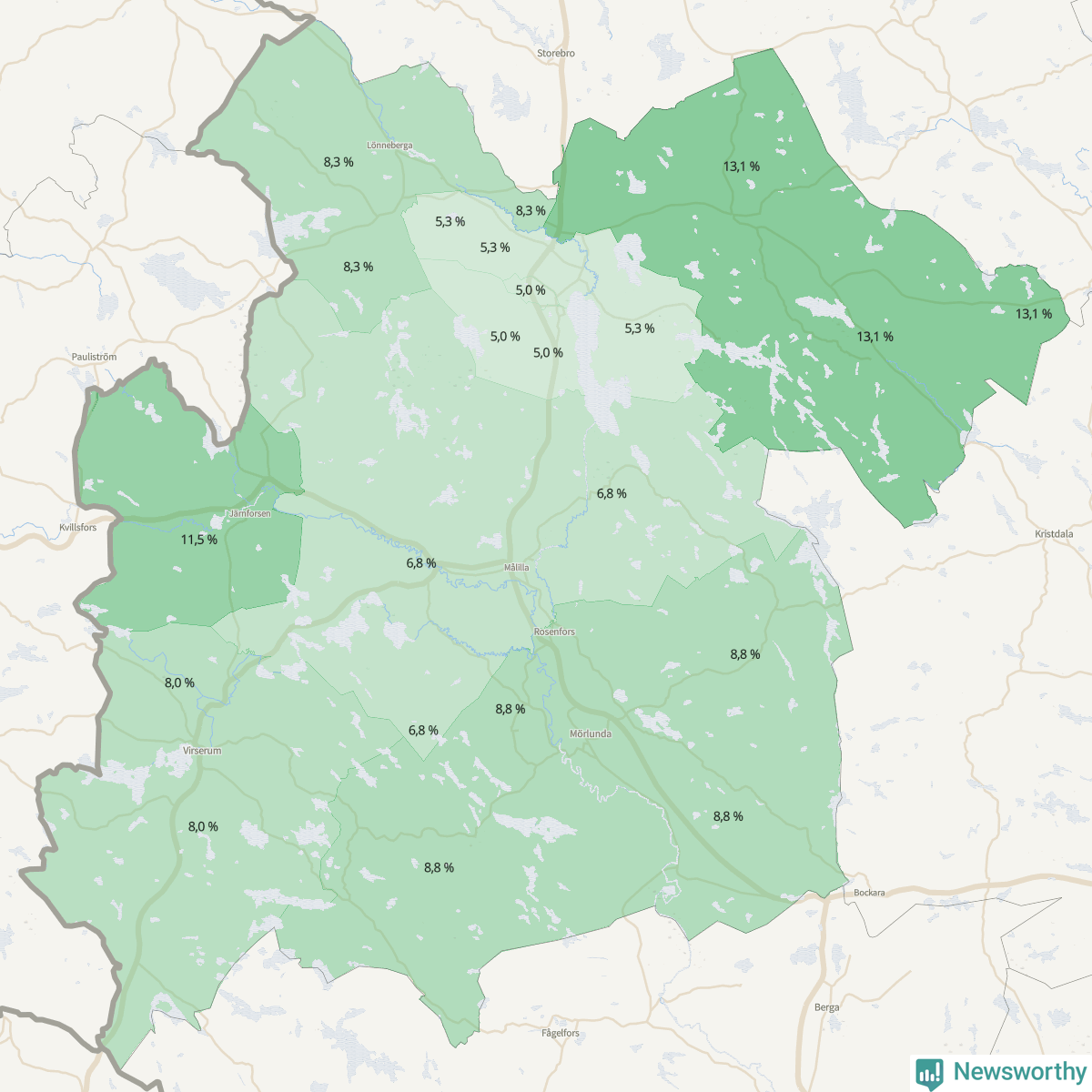 Koroplet-karta över partiets stöd i kommunens valdistrikt. Se tabell.
