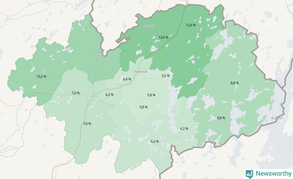 Koroplet-karta över partiets stöd i kommunens valdistrikt. Se tabell.
