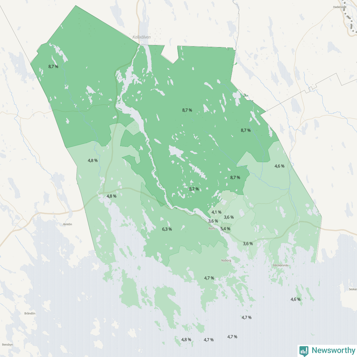 Koroplet-karta över partiets stöd i kommunens valdistrikt. Se tabell.