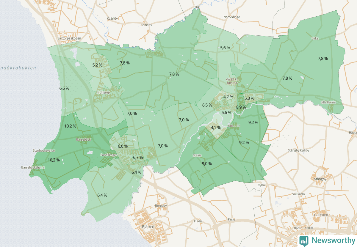 Koroplet-karta över partiets stöd i kommunens valdistrikt. Se tabell.