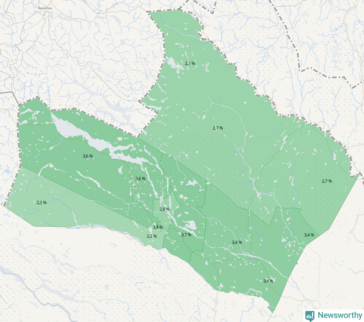 Koroplet-karta över partiets stöd i kommunens valdistrikt. Se tabell.