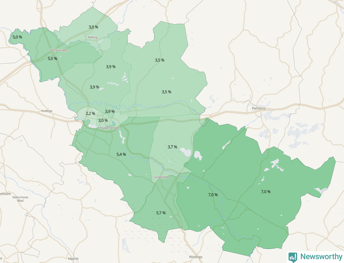 Koroplet-karta över partiets stöd i kommunens valdistrikt. Se tabell.
