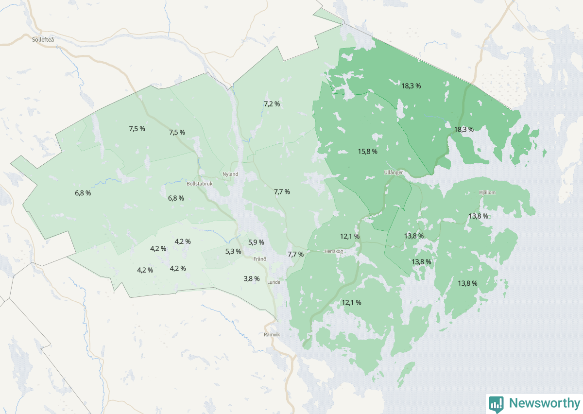 Koroplet-karta över partiets stöd i kommunens valdistrikt. Se tabell.