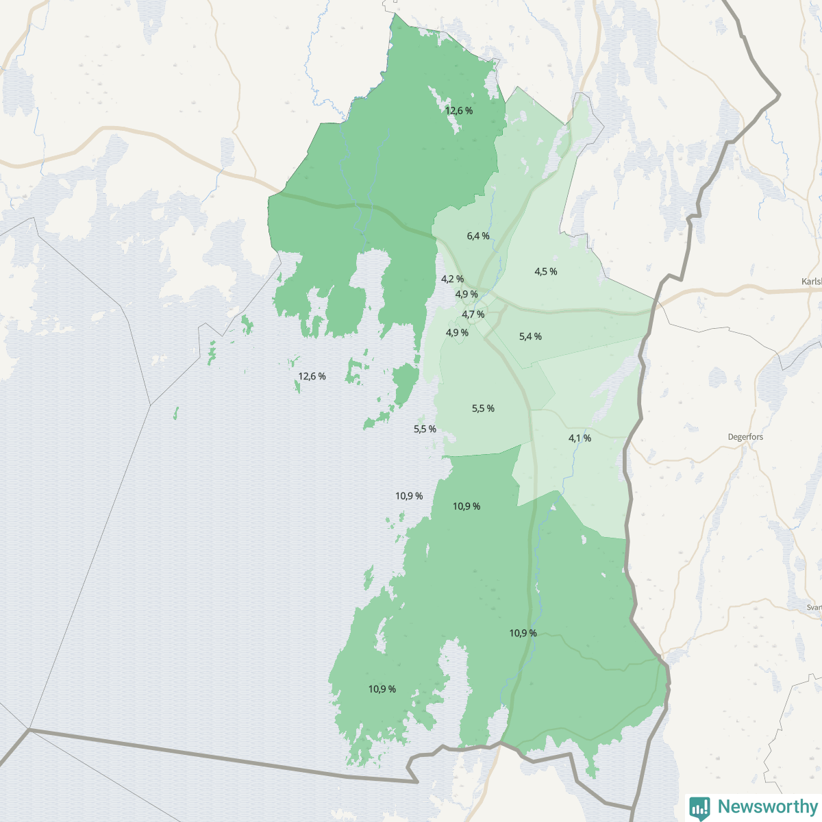 Koroplet-karta över partiets stöd i kommunens valdistrikt. Se tabell.