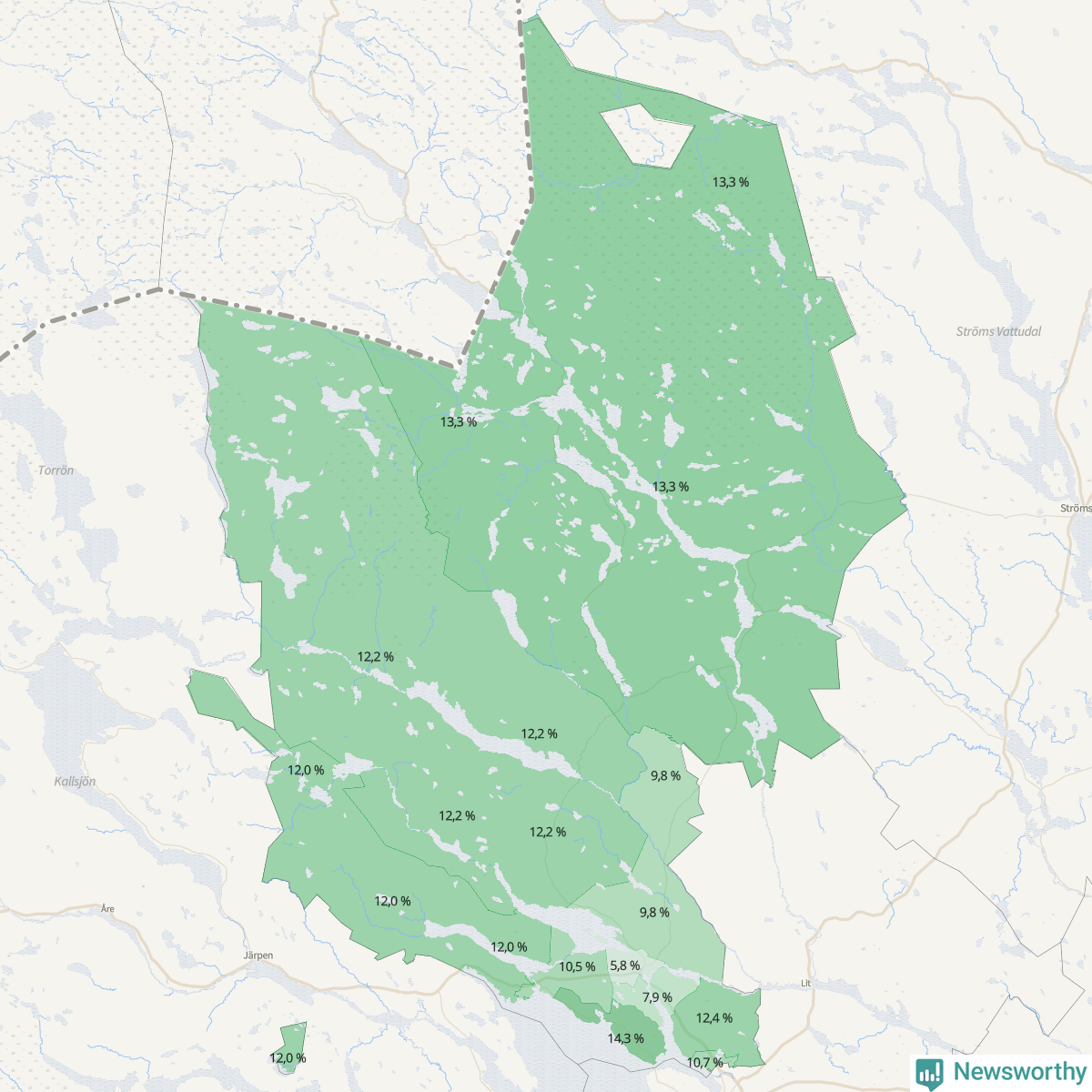 Koroplet-karta över partiets stöd i kommunens valdistrikt. Se tabell.