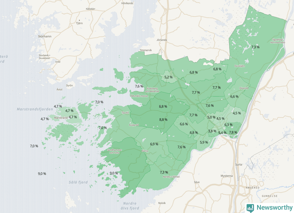 Koroplet-karta över partiets stöd i kommunens valdistrikt. Se tabell.
