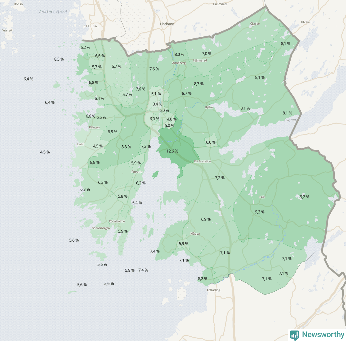 Koroplet-karta över partiets stöd i kommunens valdistrikt. Se tabell.