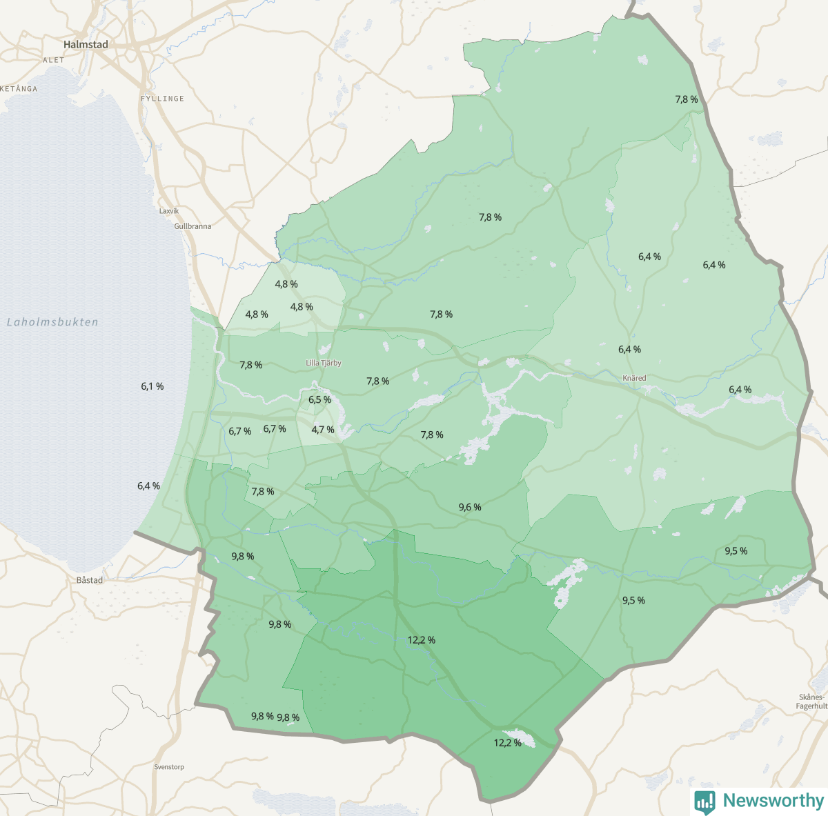 Koroplet-karta över partiets stöd i kommunens valdistrikt. Se tabell.