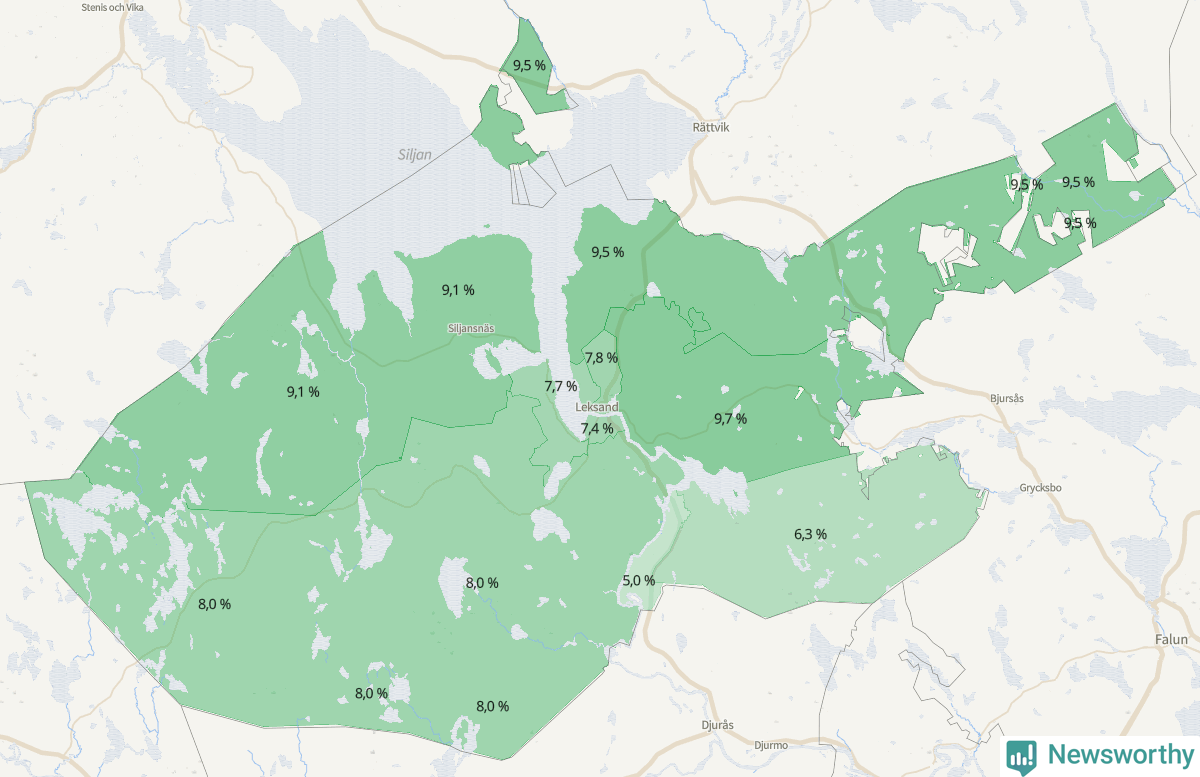 Koroplet-karta över partiets stöd i kommunens valdistrikt. Se tabell.