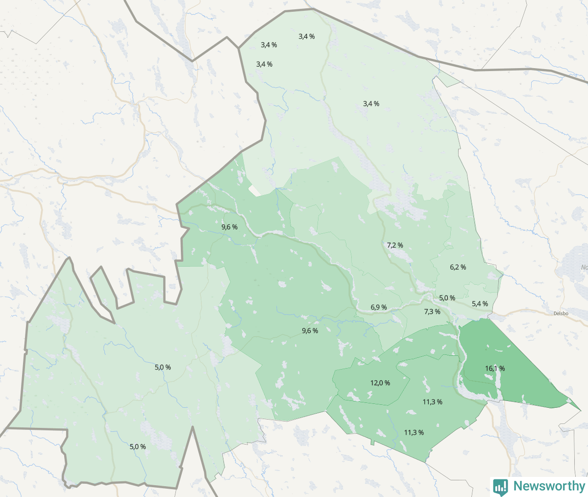 Koroplet-karta över partiets stöd i kommunens valdistrikt. Se tabell.