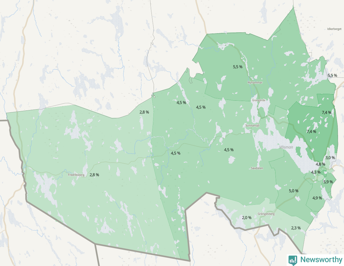 Koroplet-karta över partiets stöd i kommunens valdistrikt. Se tabell.