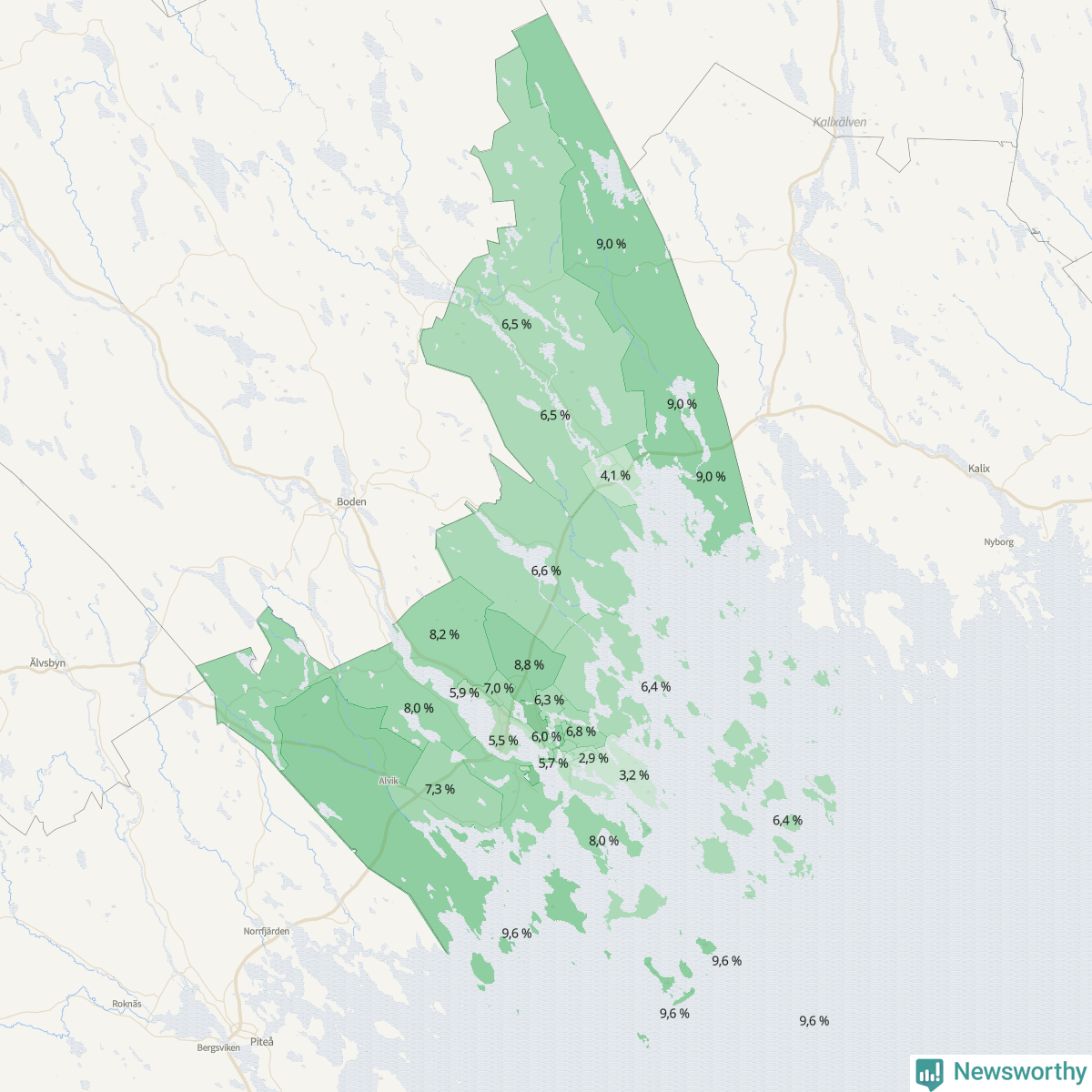 Koroplet-karta över partiets stöd i kommunens valdistrikt. Se tabell.