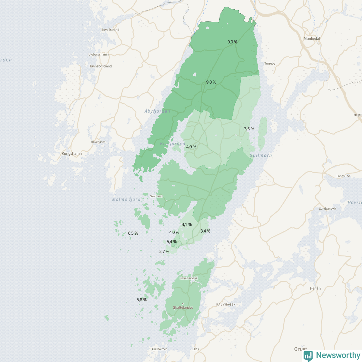 Koroplet-karta över partiets stöd i kommunens valdistrikt. Se tabell.