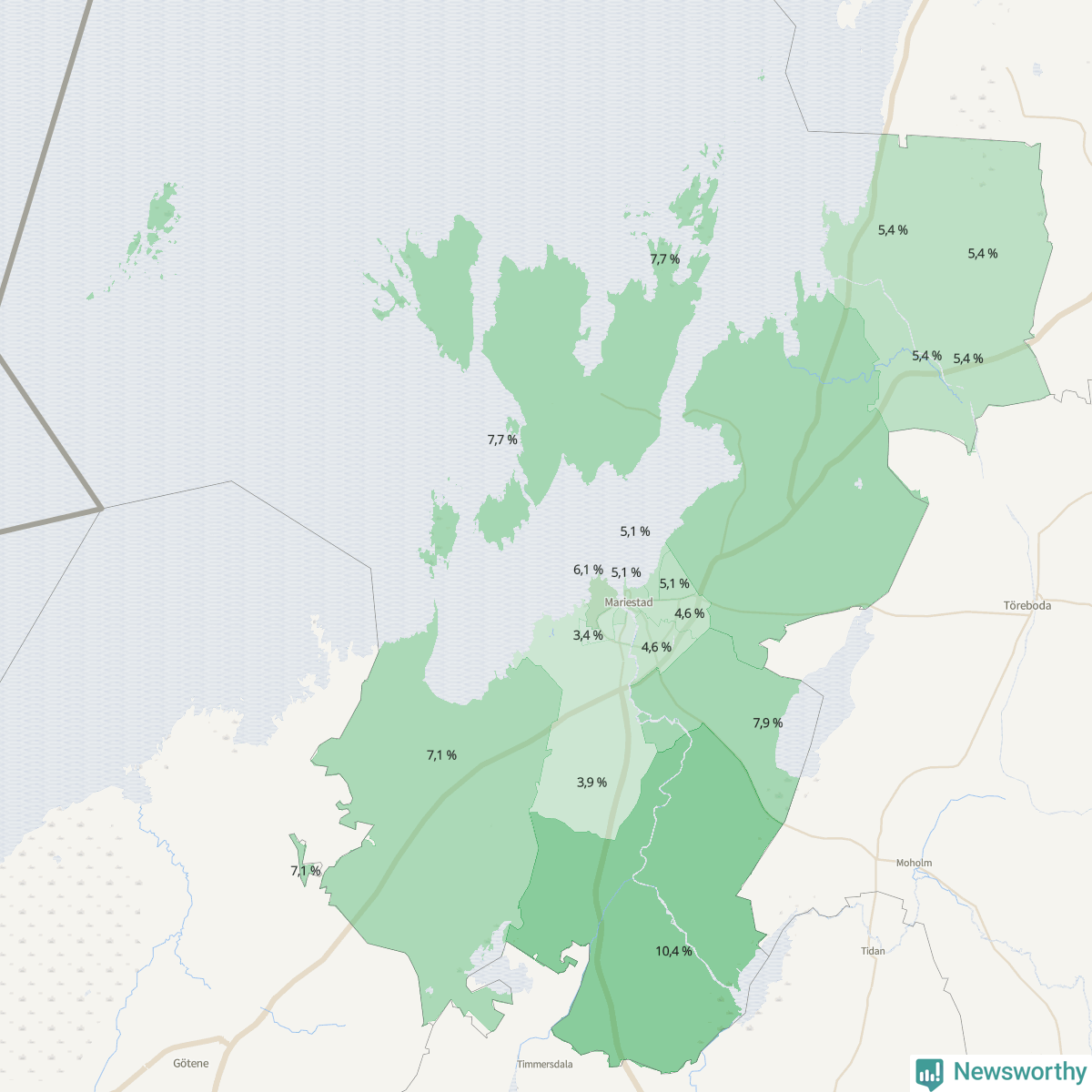 Koroplet-karta över partiets stöd i kommunens valdistrikt. Se tabell.
