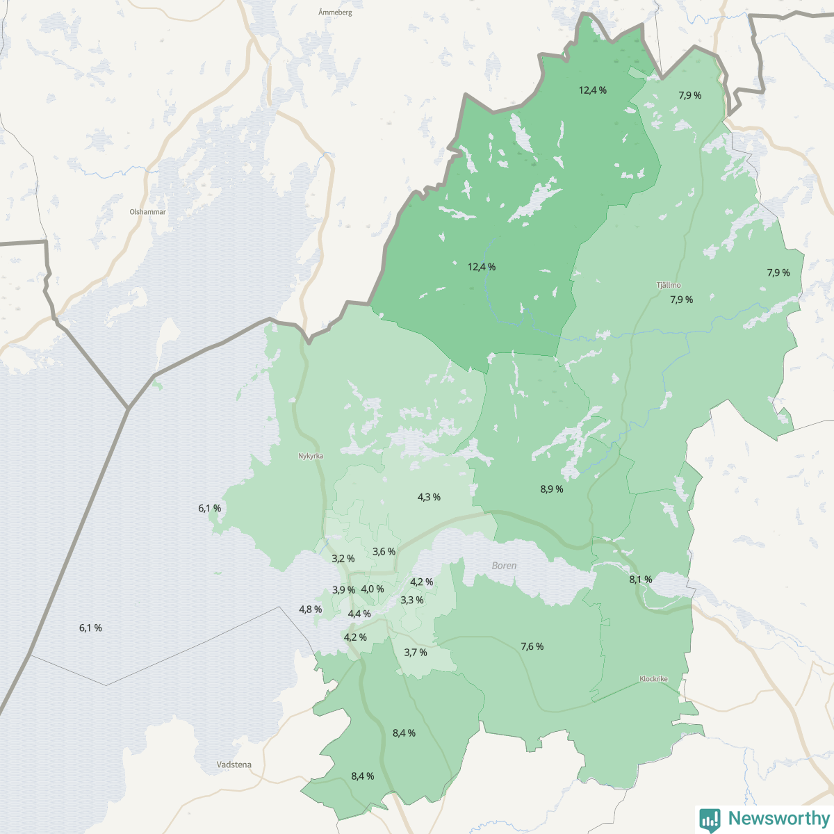 Koroplet-karta över partiets stöd i kommunens valdistrikt. Se tabell.