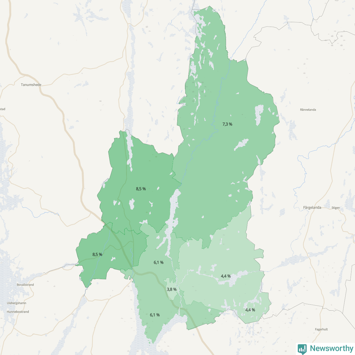 Koroplet-karta över partiets stöd i kommunens valdistrikt. Se tabell.